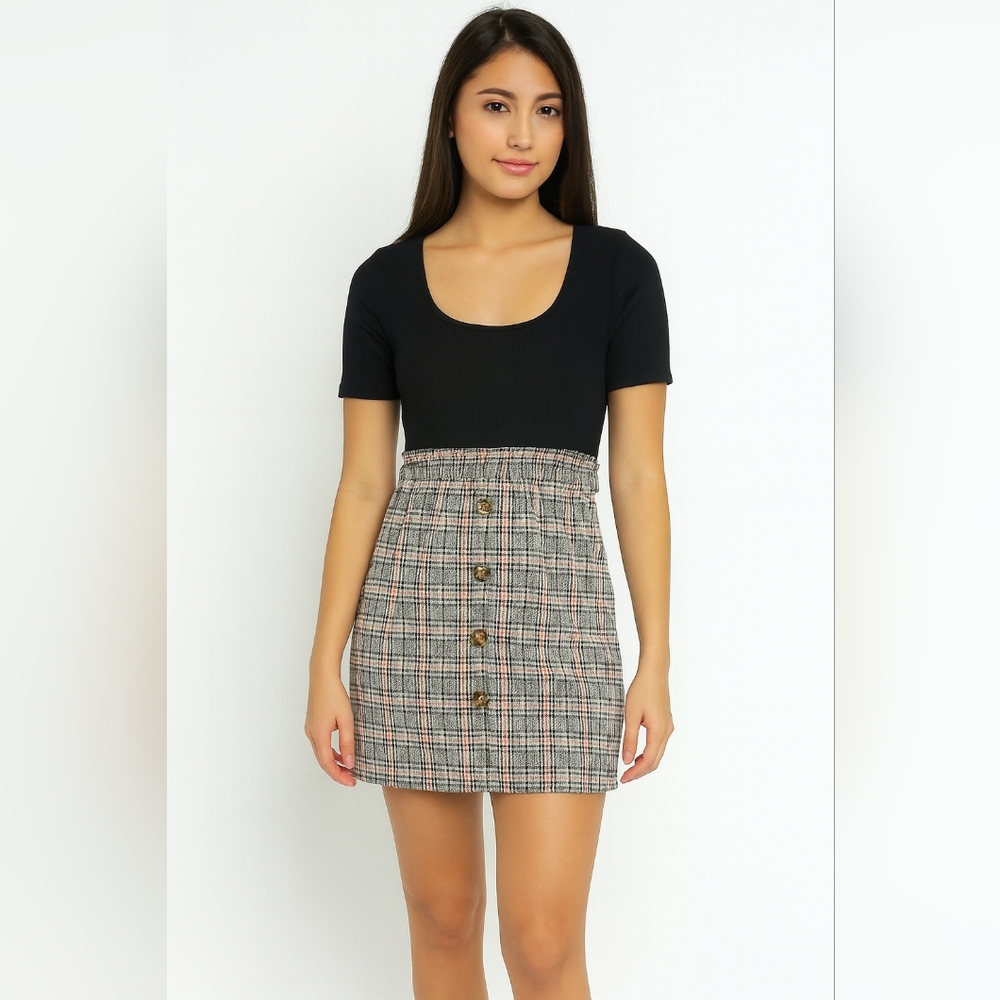 Ultra Flirt Junior Plaid Button Front Dress Black Top Size Small